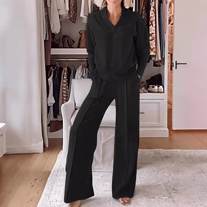 💖💖Women's Solid Color V-neck Top & Pants Two-piece Set